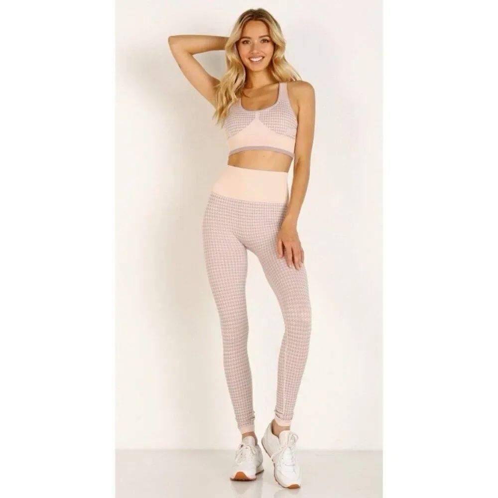 Varley Hobart Houndstooth Leggings Sports Bra Light Pink Purple High Rise Xxs Xs